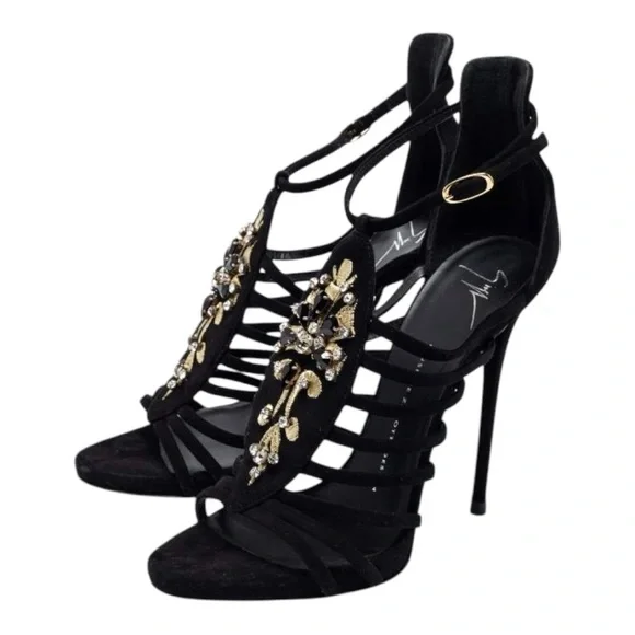 🍸GIUSEPPE ZANOTTI🍸Sexy Black Crystal Embellished T-Bar Sandal Heel - Picture 2 of 12